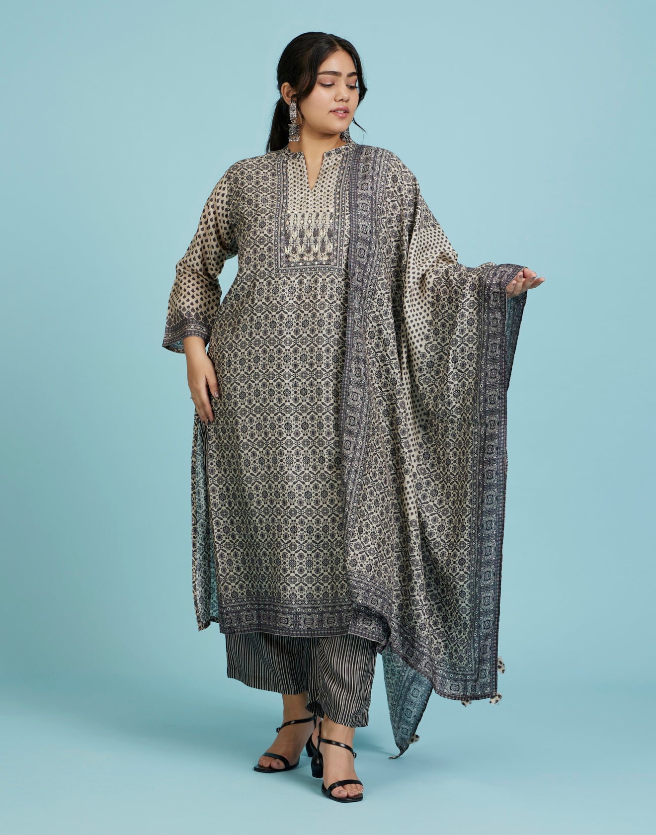 Off-White And Black Ethnic Workwear Kurta Set For Women