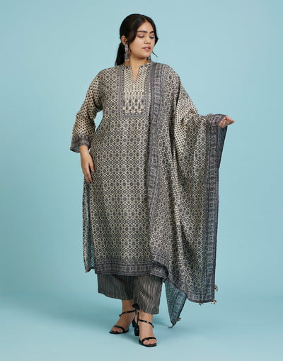 Off-White And Black Ethnic Workwear Kurta Set For Women