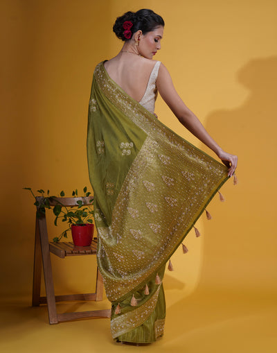 Olive Green With Antique Gold Weave Dola Silk Saree