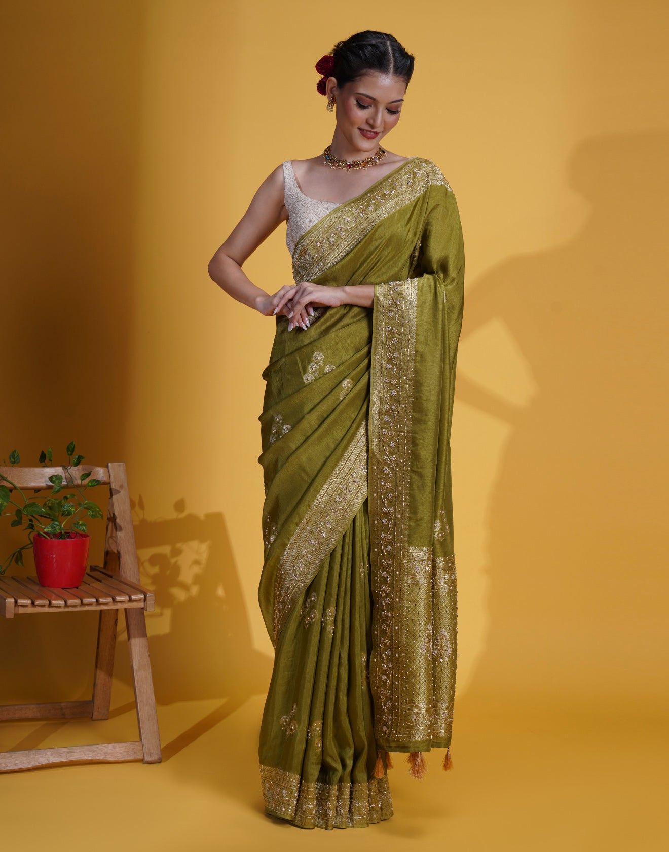 Olive Green With Antique Gold Weave Dola Silk Saree