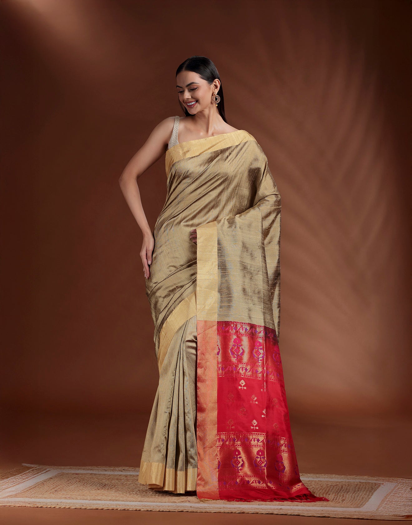Olive Green & Red Pure Silk Paithani Saree With Unstitched Blouse Fabric