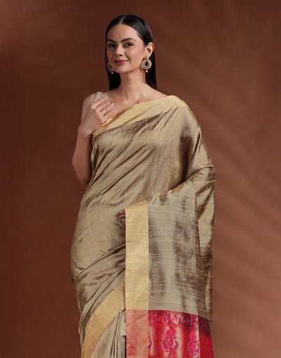 Olive Green & Red Pure Silk Paithani Saree With Unstitched Blouse Fabric