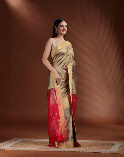 Olive Green & Red Pure Silk Paithani Saree With Unstitched Blouse Fabric