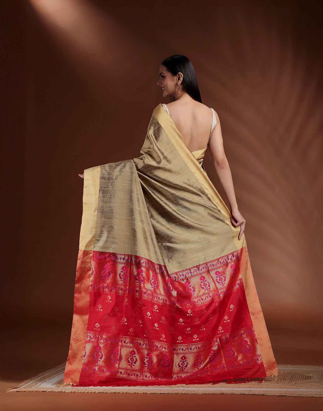 Olive Green & Red Pure Silk Paithani Saree With Unstitched Blouse Fabric