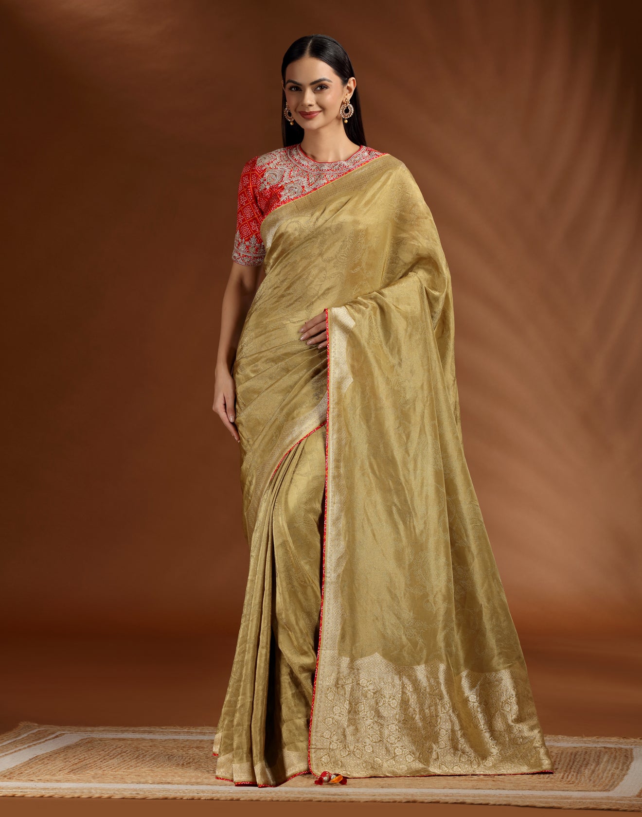 Olive Mehfil Dola Silk Saree With Stitched Bandhej Blouse