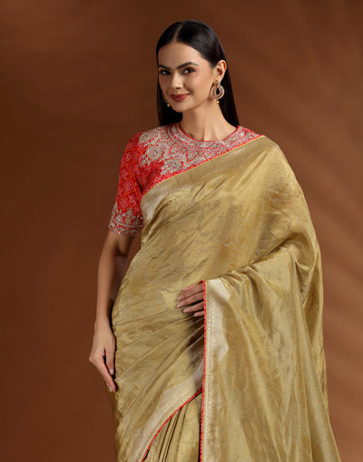 Olive Mehfil Dola Silk Saree With Stitched Bandhej Blouse