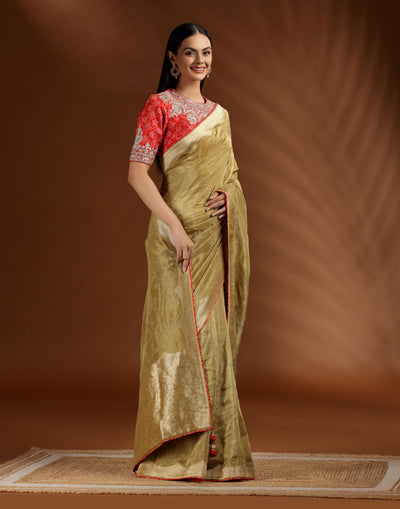 Olive Mehfil Dola Silk Saree With Stitched Bandhej Blouse