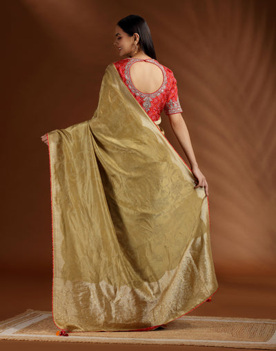 Olive Mehfil Dola Silk Saree With Stitched Bandhej Blouse