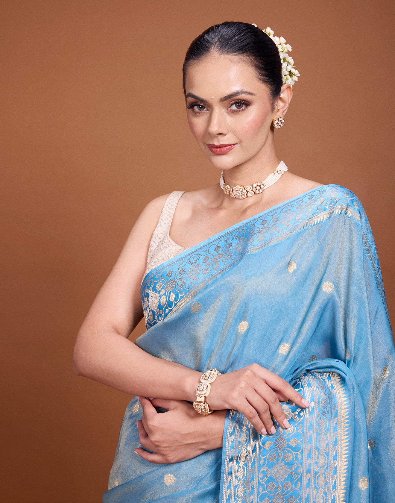 Pacific Blue With Zari Floral Butti Silk Saree