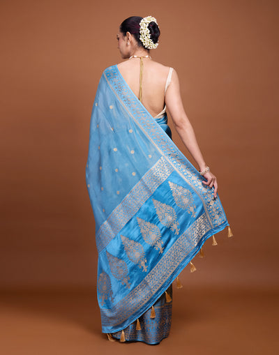 Pacific Blue With Zari Floral Butti Silk Saree