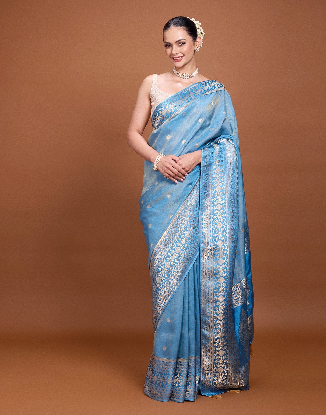 Pacific Blue With Zari Floral Butti Silk Saree