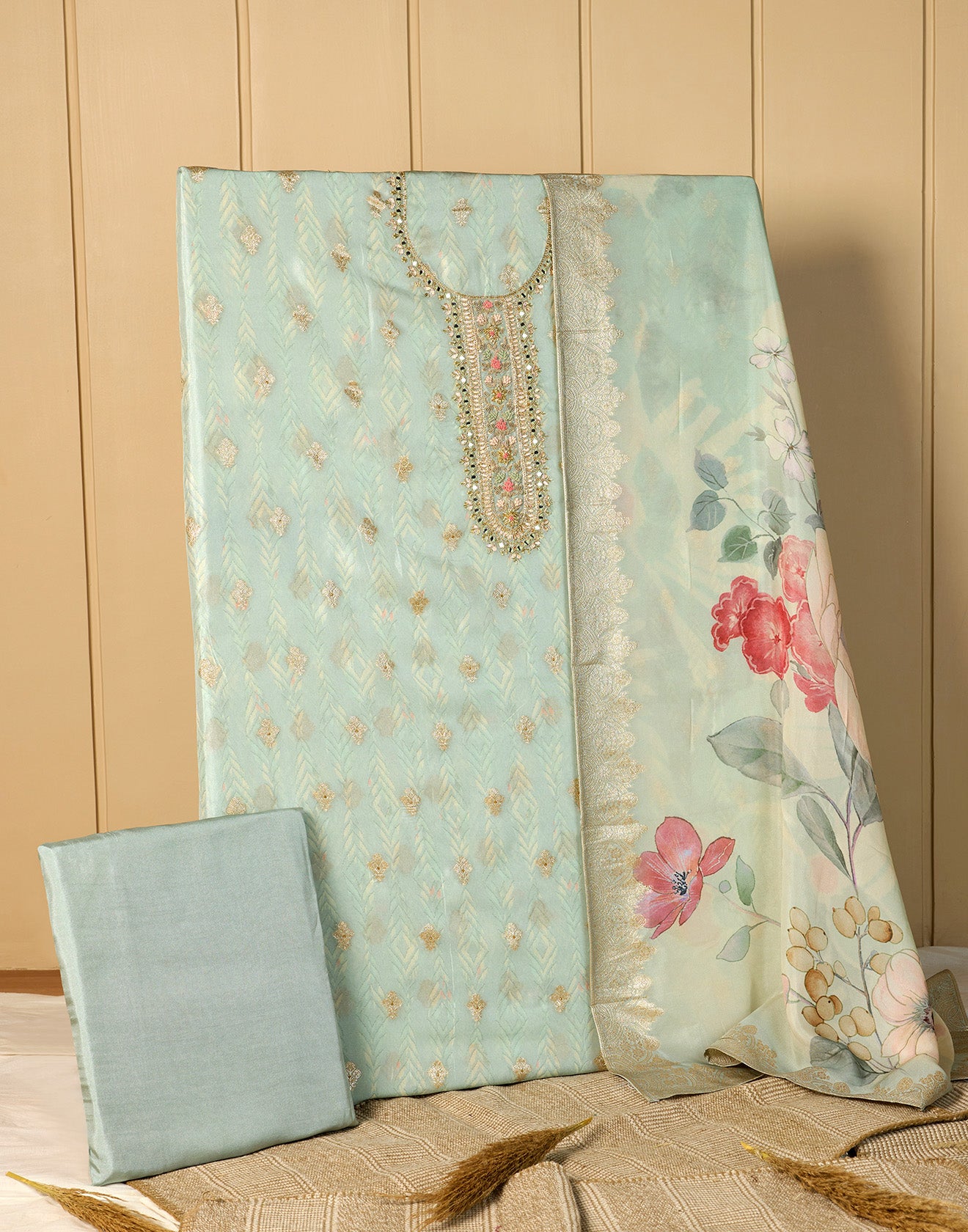 Pale Sea Green Shimmer Tissue Silk Unstitched Suit Set