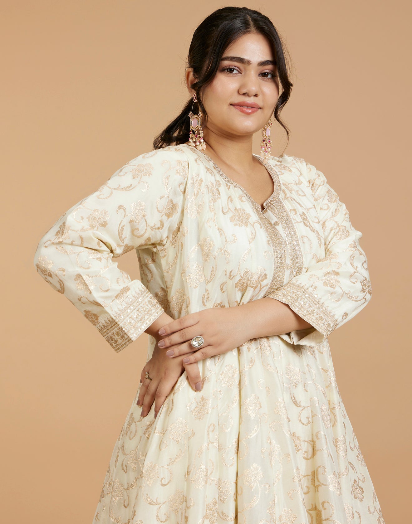 Pearl White Jaal Design Brocade Silk Salwar Suit