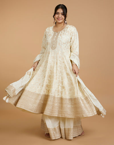 Pearl White Jaal Design Brocade Silk Salwar Suit