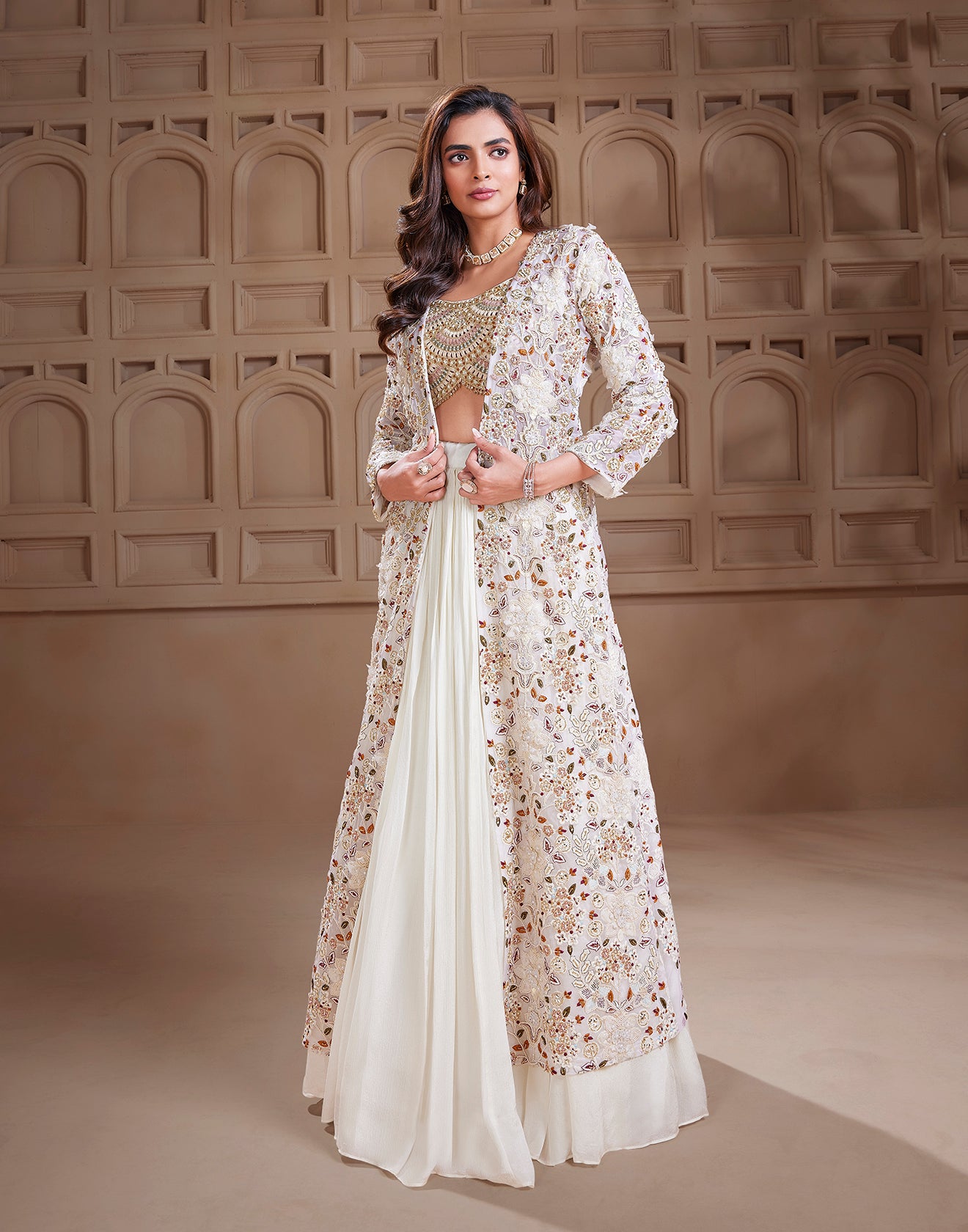 Pearl White Scallop Embroidered Fusion Lehenga Set