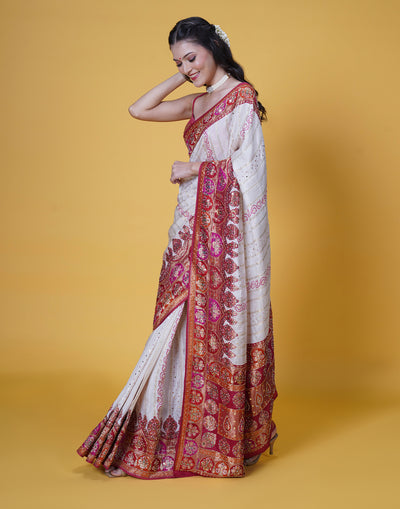 Pearl White With Contrast Red And Pink Bandhej Embellished Silk Saree