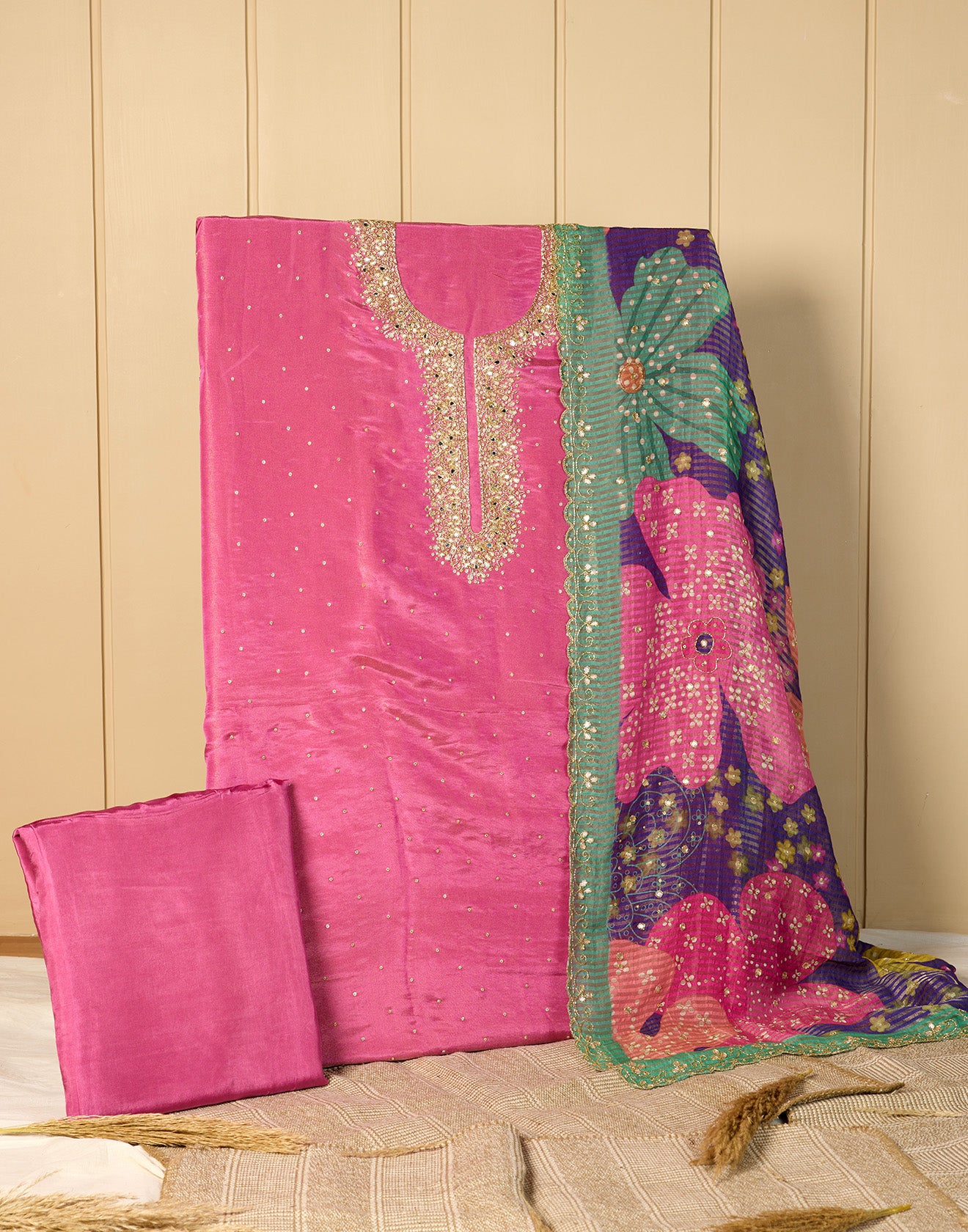 Peppy Pink Embellished Shimmer Tissue Silk Festive Unstitched Suit Set