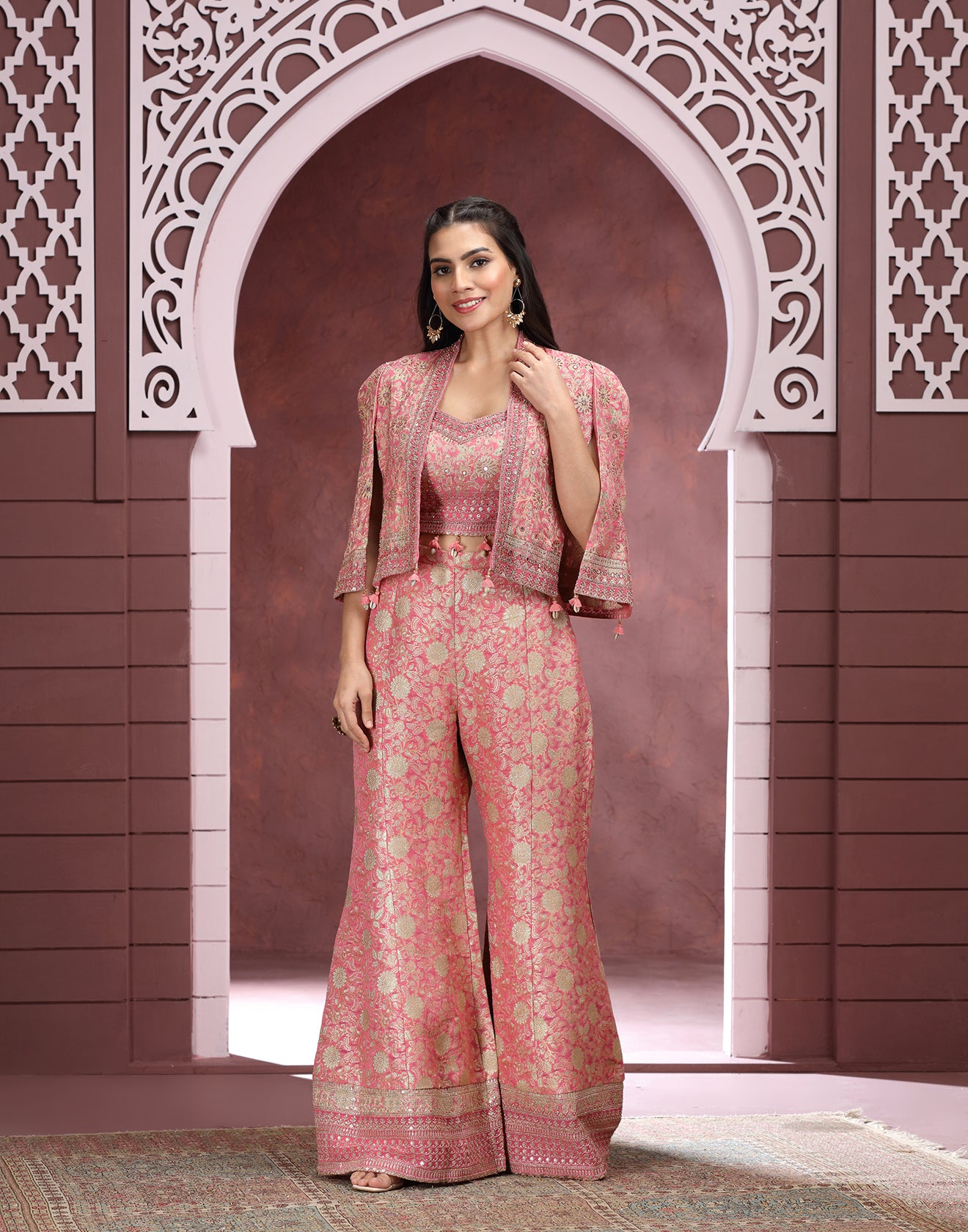 Peppy Peach Banarasi Silk Festive Fusion Set
