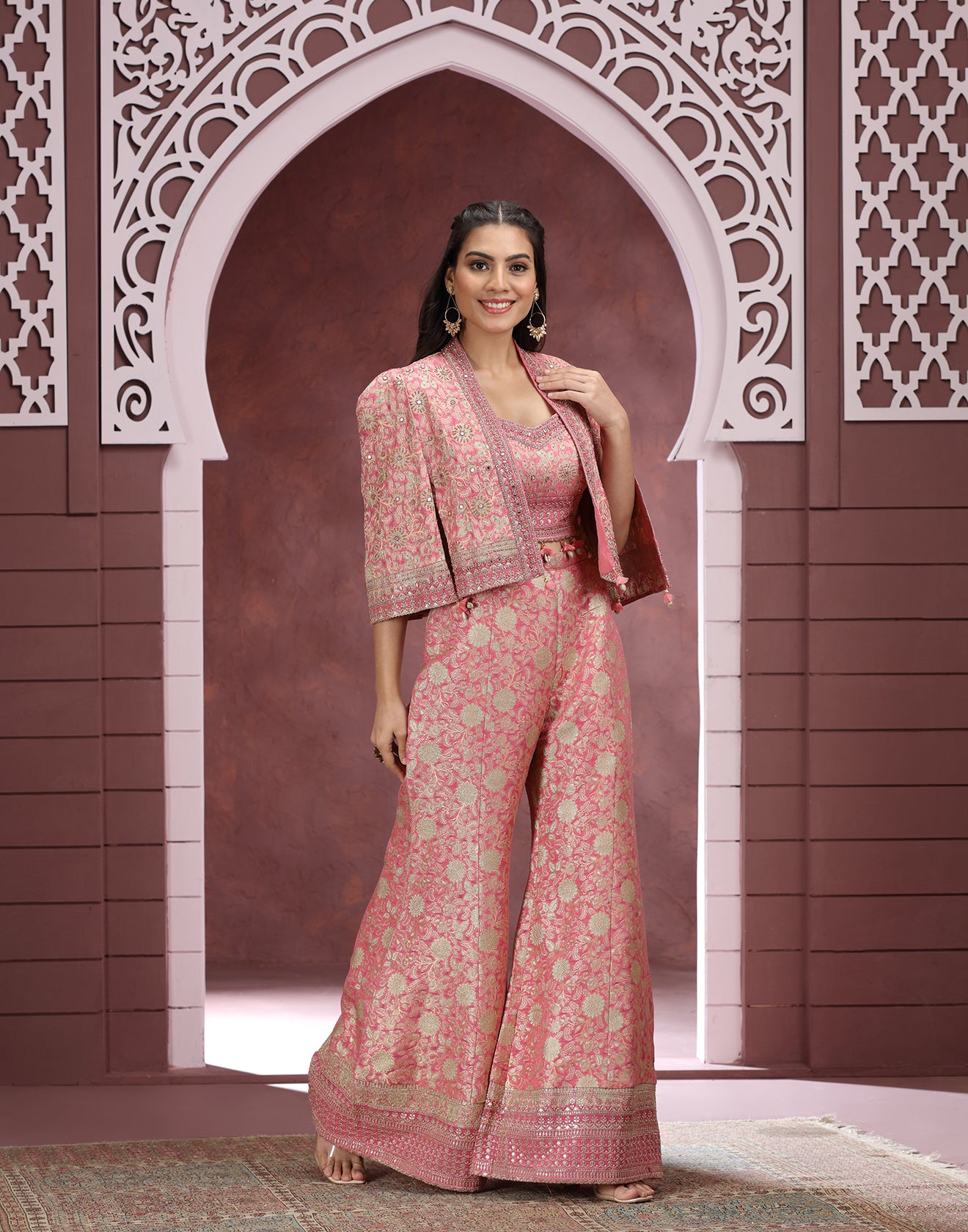 Peppy Peach Banarasi Silk Festive Fusion Set