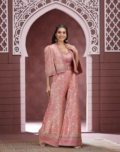 Peppy Peach Banarasi Silk Festive Fusion Set