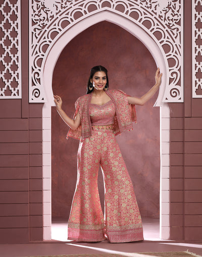 Peppy Peach Banarasi Silk Festive Fusion Set