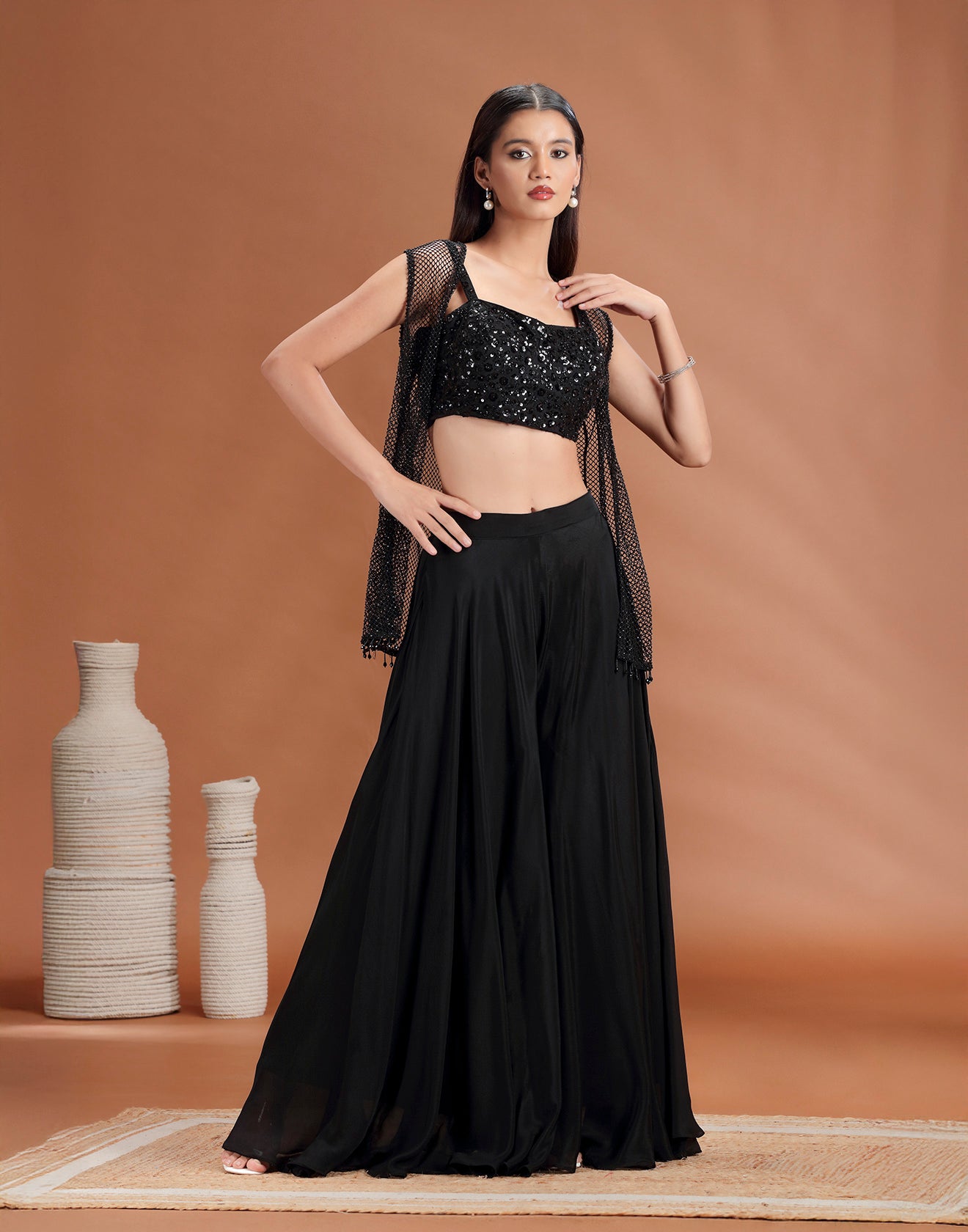 Phantom Black Seqion Embellished Fusion Set With Jacket
