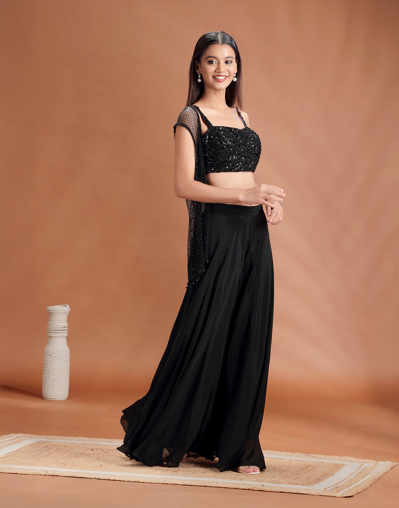 Phantom Black Seqion Embellished Fusion Set With Jacket