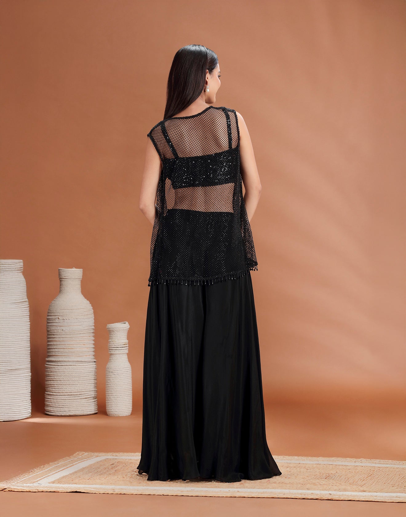 Phantom Black Seqion Embellished Fusion Set With Jacket