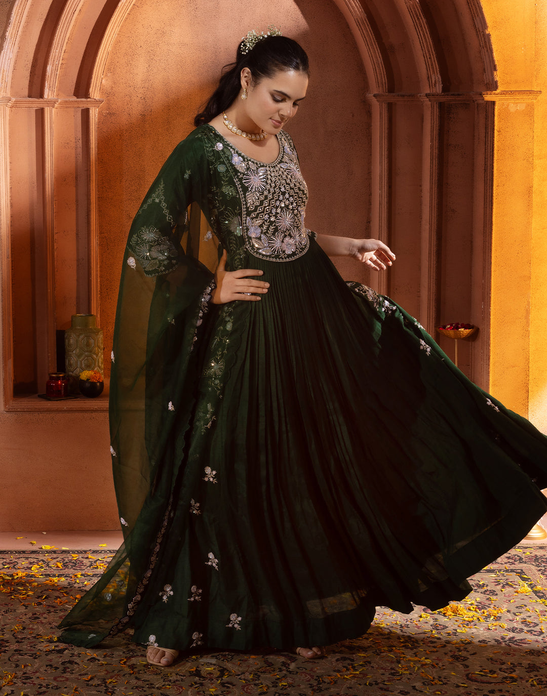 Phthalo Green Festive Embroidered Anarkali Set – Roopkala Global