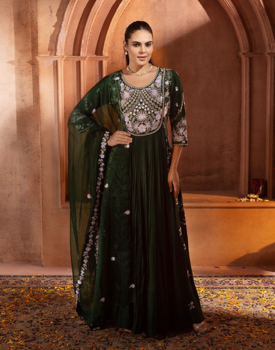 Phthalo Green Festive Embroidered Anarkali Set – Roopkala Global