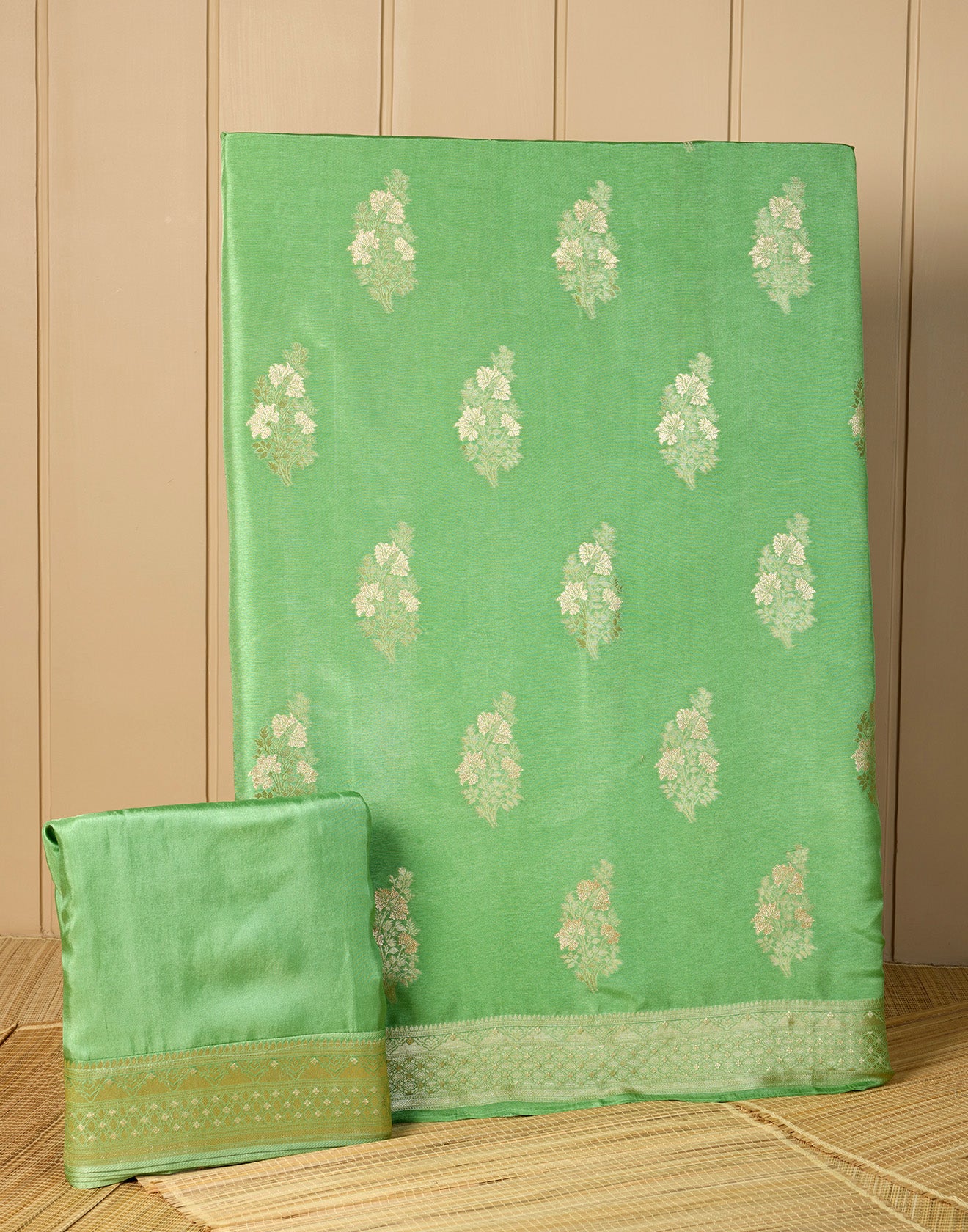 Pistachio Green Woven Zari Work Dola Silk Unstitched Suit Set