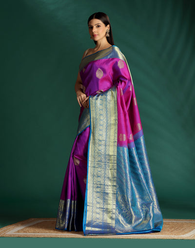 Plum Gulabi Pure Kanjivaram Silk Saree With Unstitched Blouse Fabric