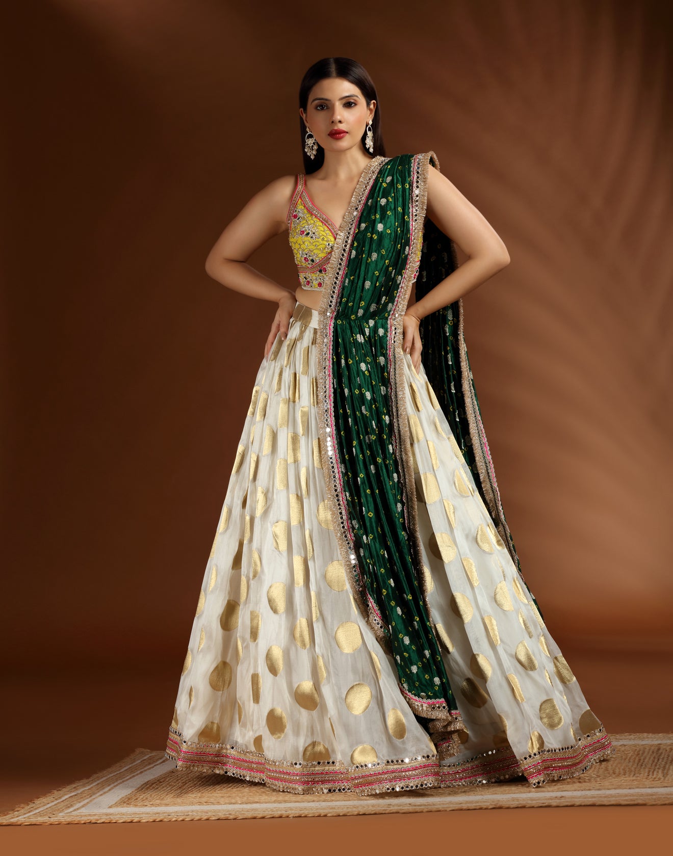 Polka-Daisy-Lehenga-With-Yellow-Embroidered-Blouse-For-Haldi-&-Mehendi