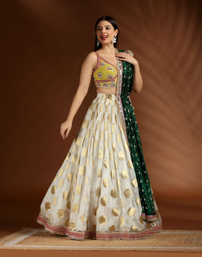 Polka-Daisy-Lehenga-With-Yellow-Embroidered-Blouse-For-Haldi-&-Mehendi