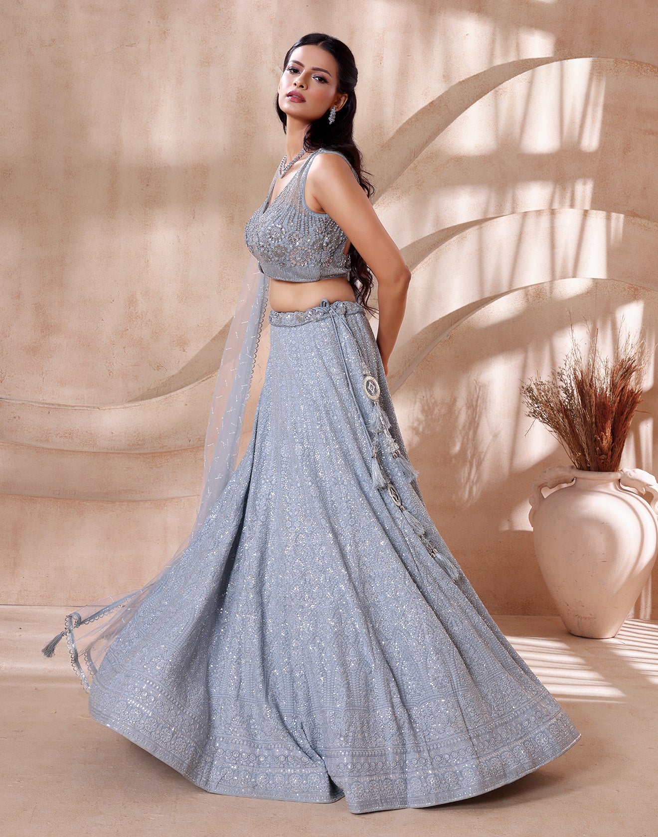 Powder Blue Embellished Net Lehenga Set