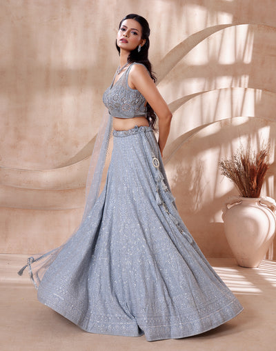 Powder Blue Embellished Net Lehenga Set