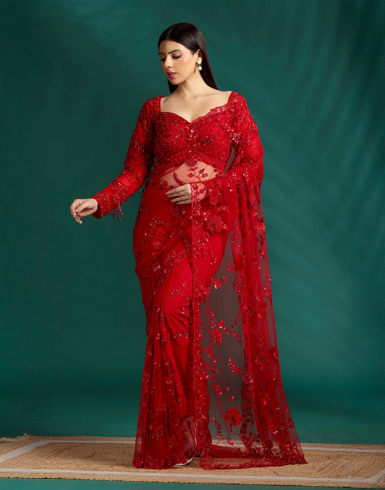 Power Red Embellished Cocktail Saree With Unstitched Blouse Fabric