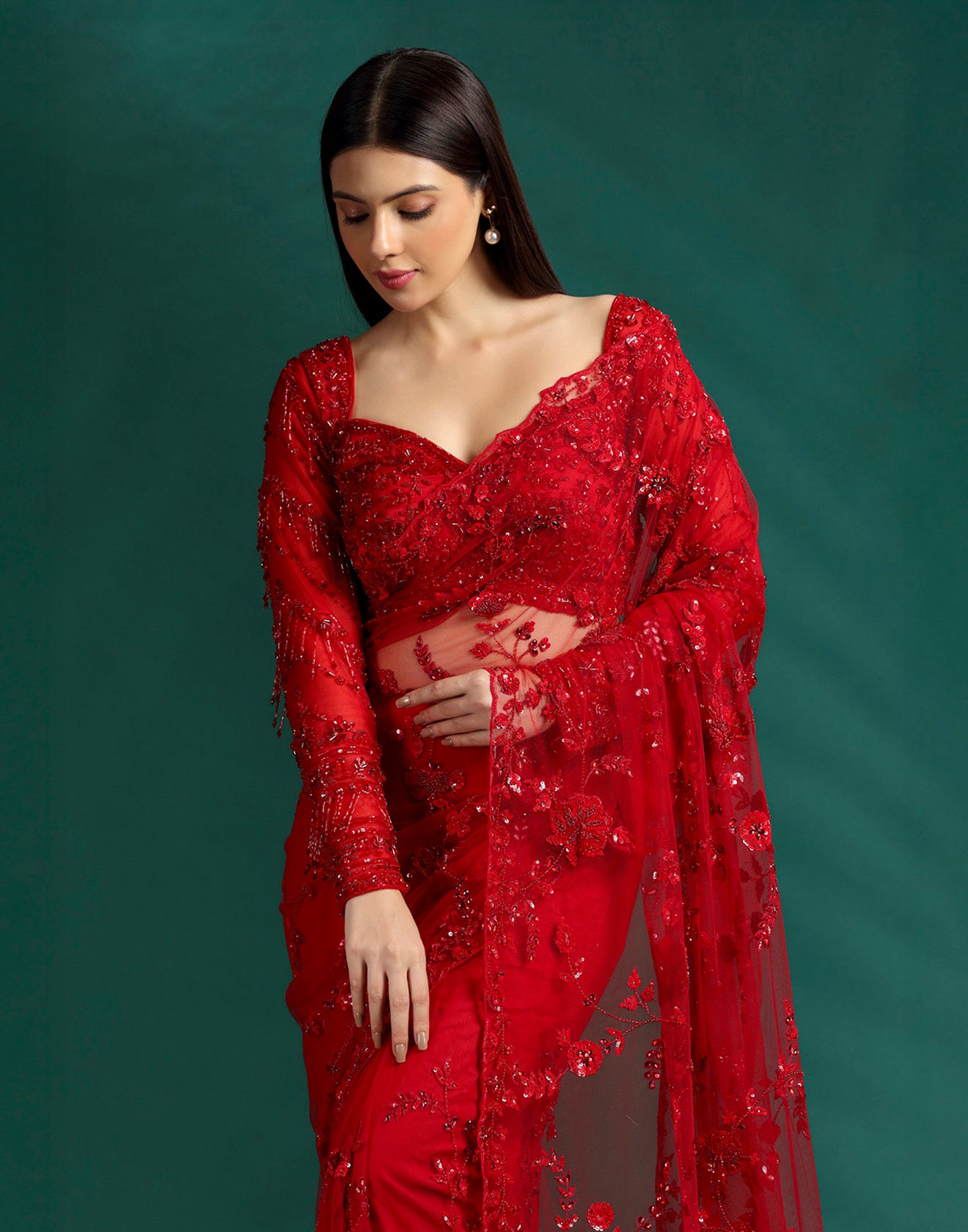 Power Red Embellished Cocktail Saree With Unstitched Blouse Fabric