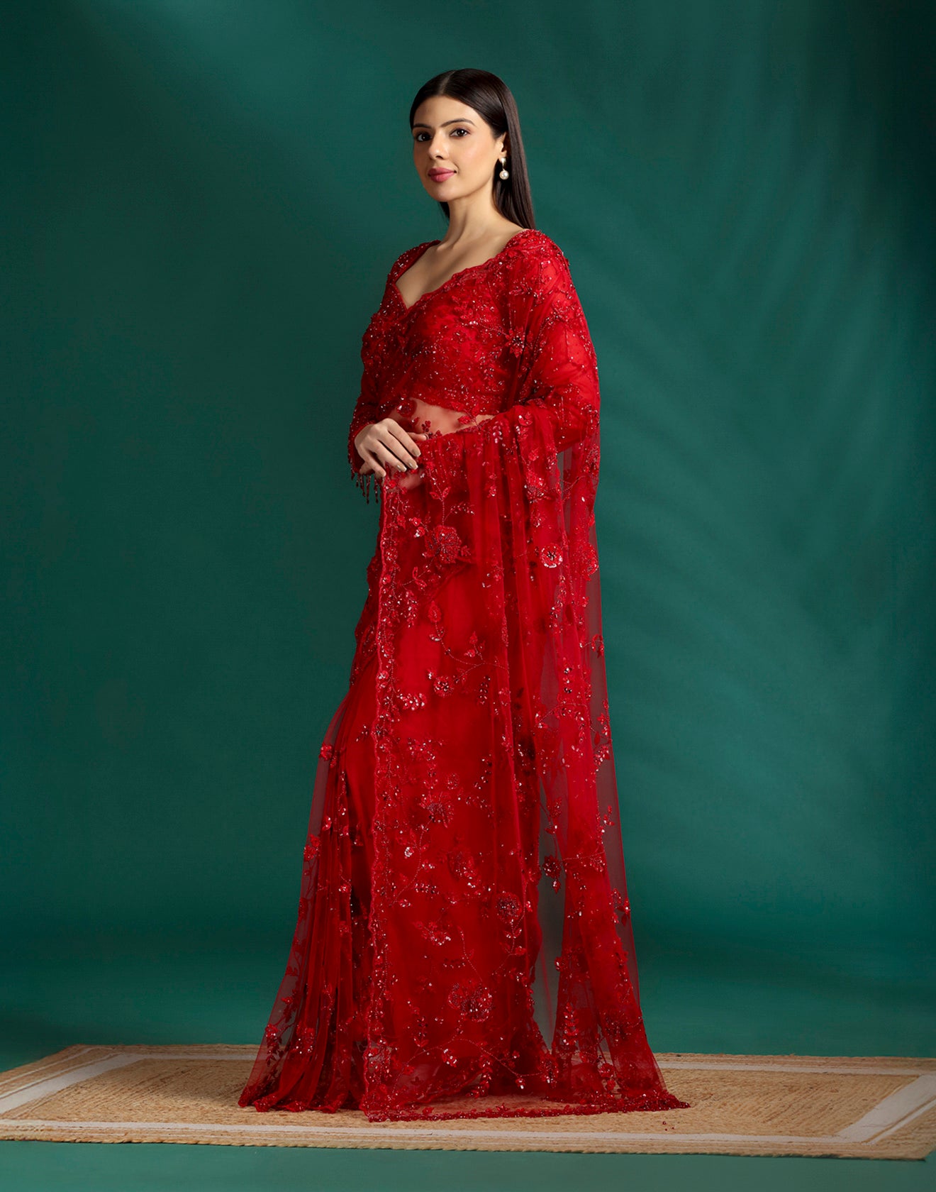 Power Red Embellished Cocktail Saree With Unstitched Blouse Fabric