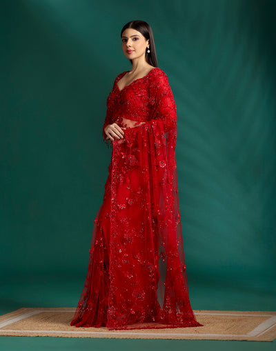 Power Red Embellished Cocktail Saree With Unstitched Blouse Fabric