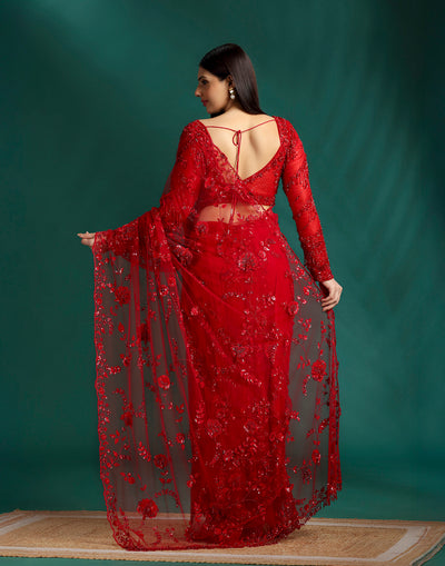 Power Red Embellished Cocktail Saree With Unstitched Blouse Fabric