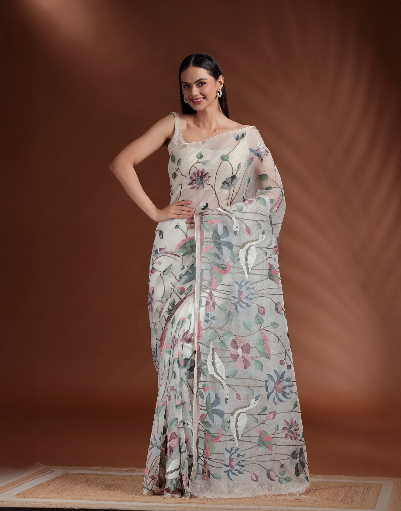 Pristine Beige Kora Silk Embroidered Saree With Unstitched Blouse Fabric