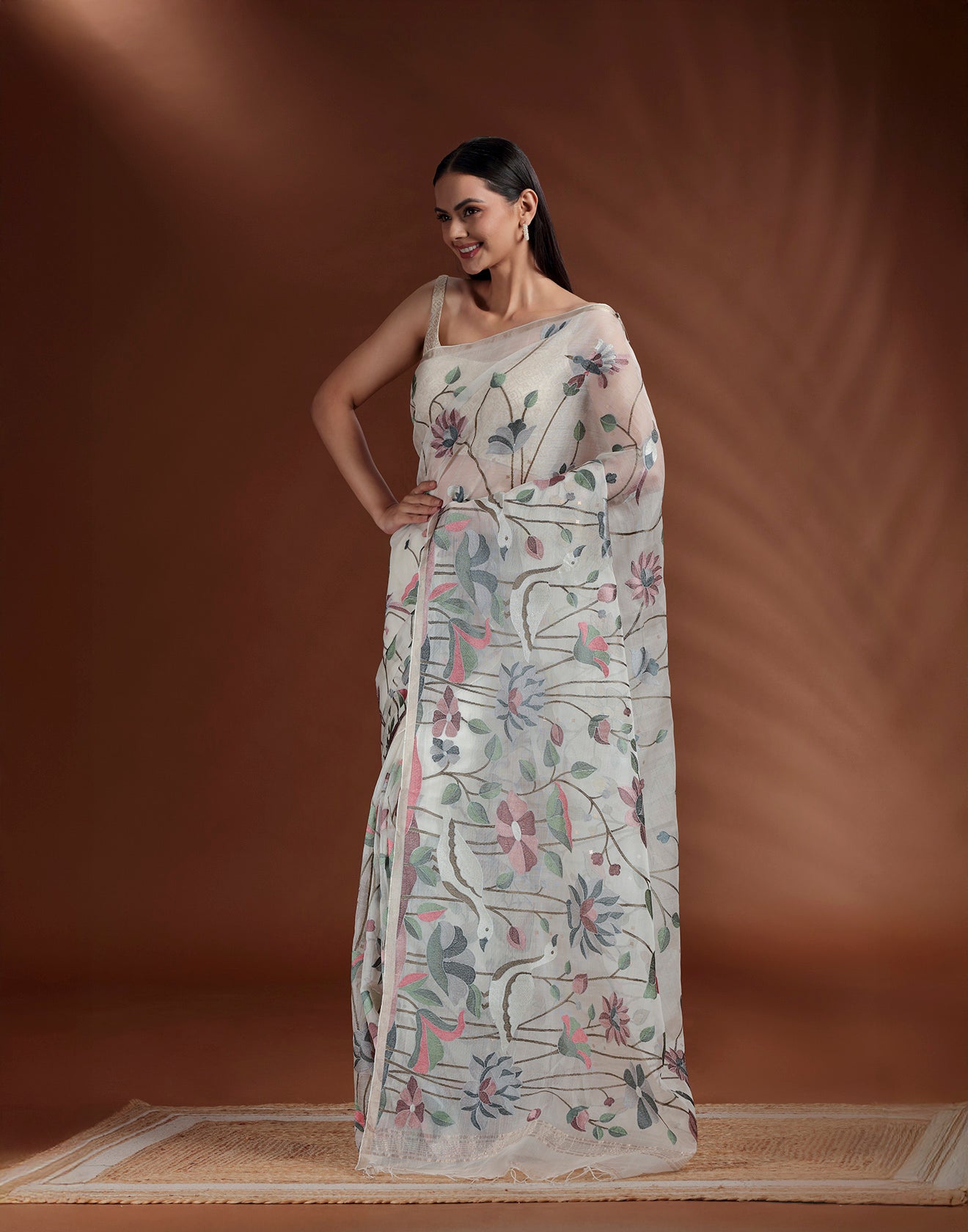 Pristine Beige Kora Silk Embroidered Saree With Unstitched Blouse Fabric