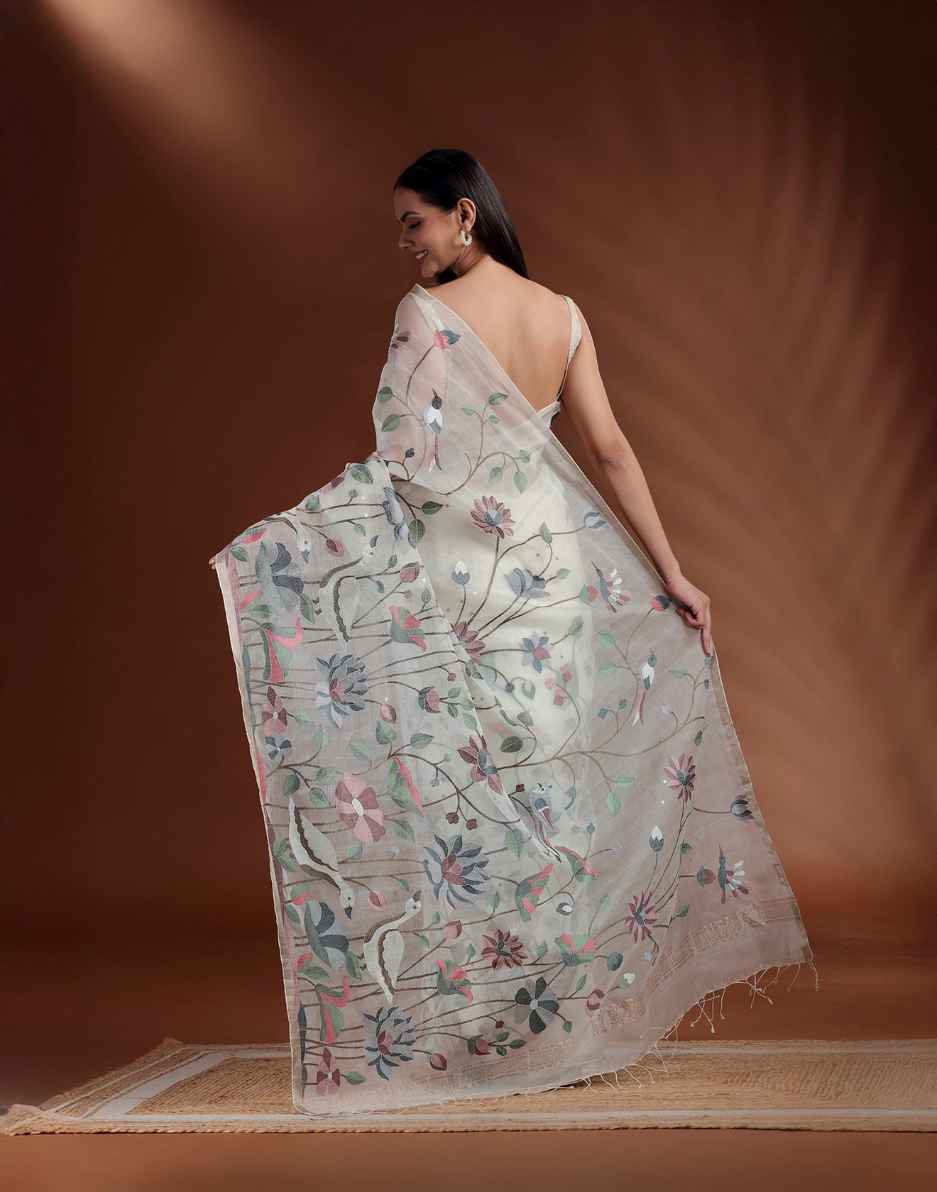 Pristine Beige Kora Silk Embroidered Saree With Unstitched Blouse Fabric