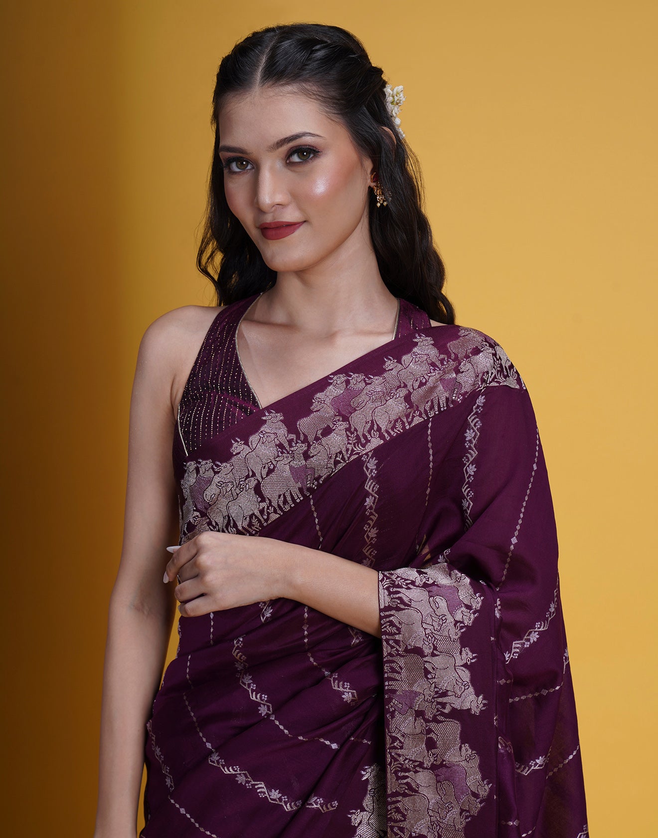 Raisin Plum Pichwai Weave Silk Saree