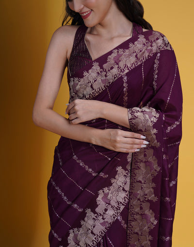 Raisin Plum Pichwai Weave Silk Saree