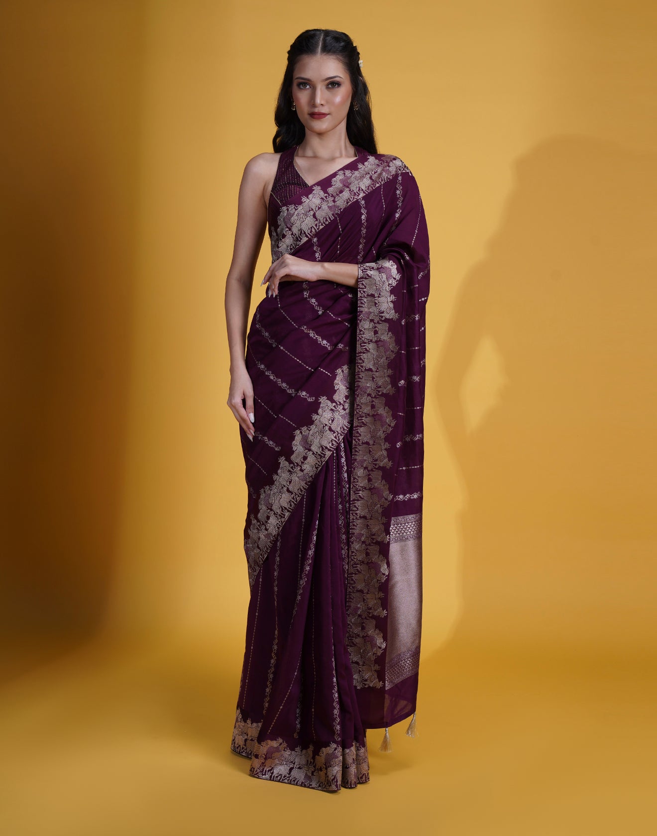 Raisin Plum Pichwai Weave Silk Saree