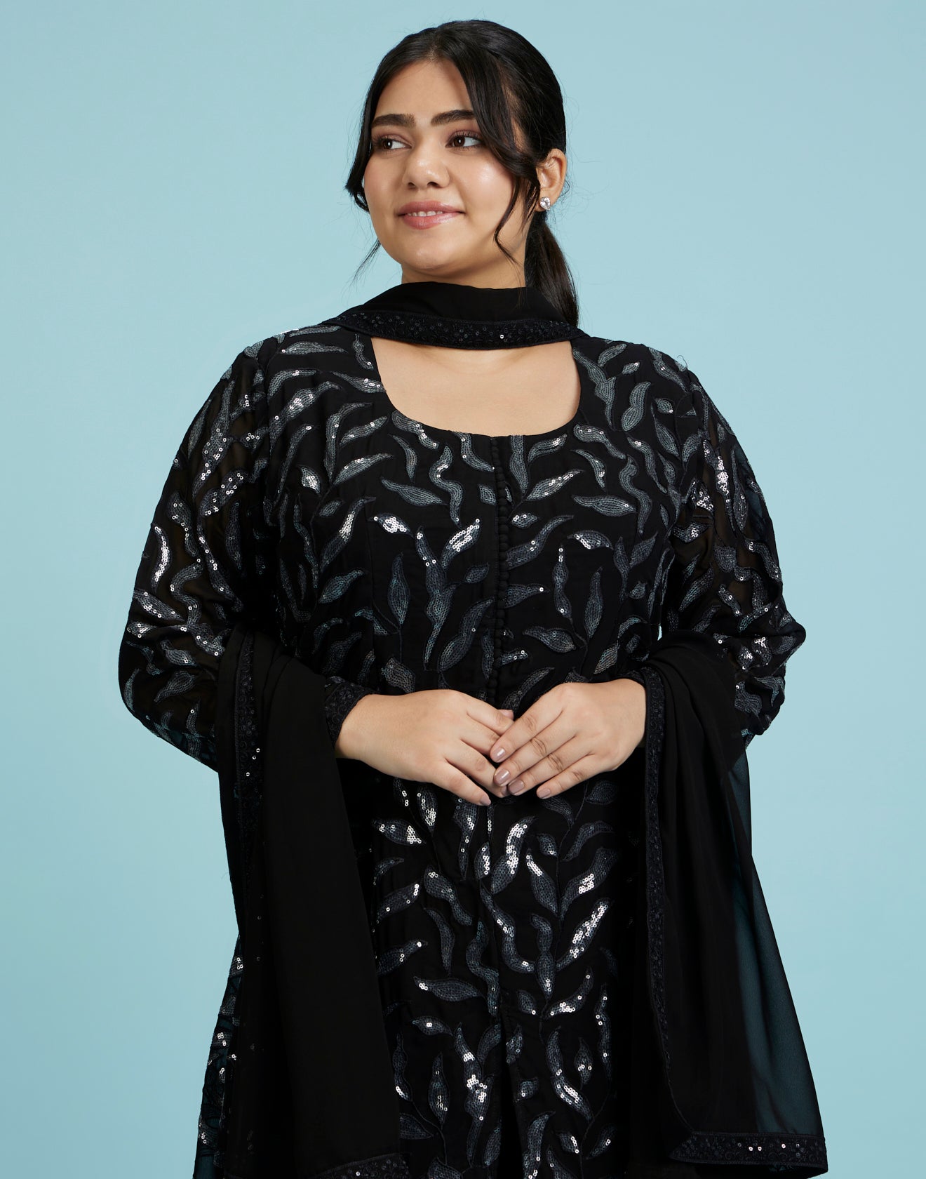 Raven Black Resham Embroidered Fusion Salwar Suit