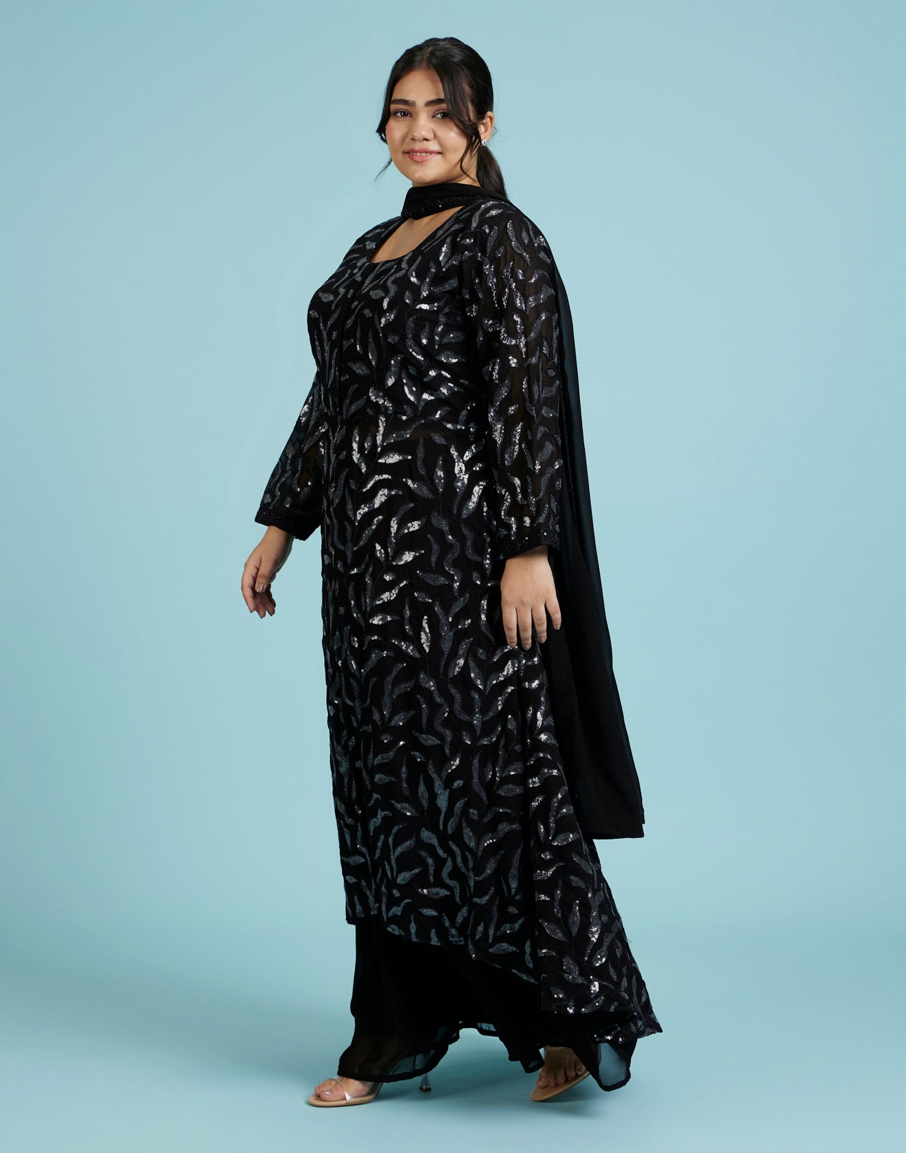 Raven Black Resham Embroidered Fusion Salwar Suit