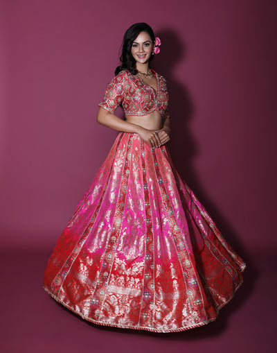 Rose Bloom Brocade Silk Lehenga Set